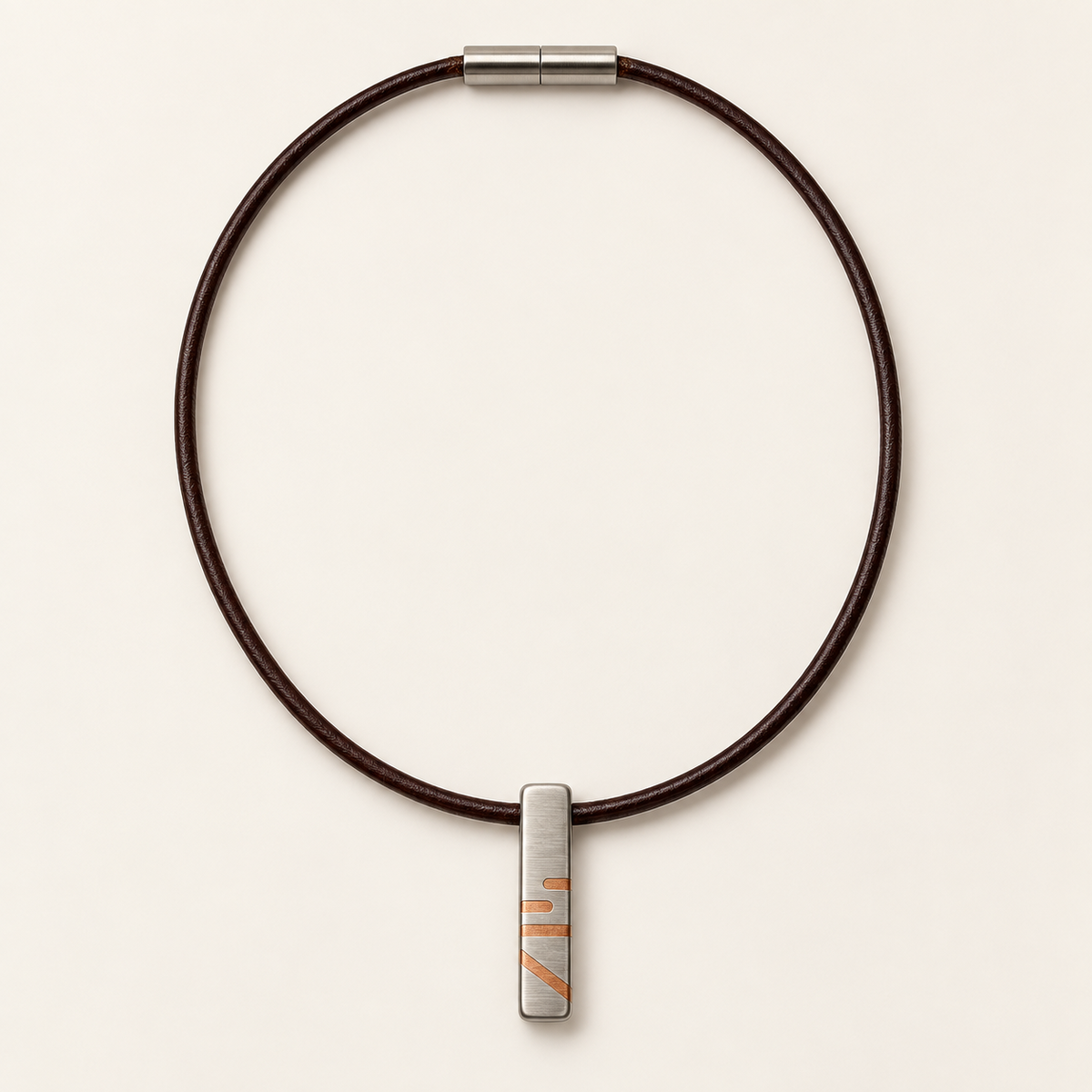 Copper-inlay pendant on dark leather with a stainless steel clasp.